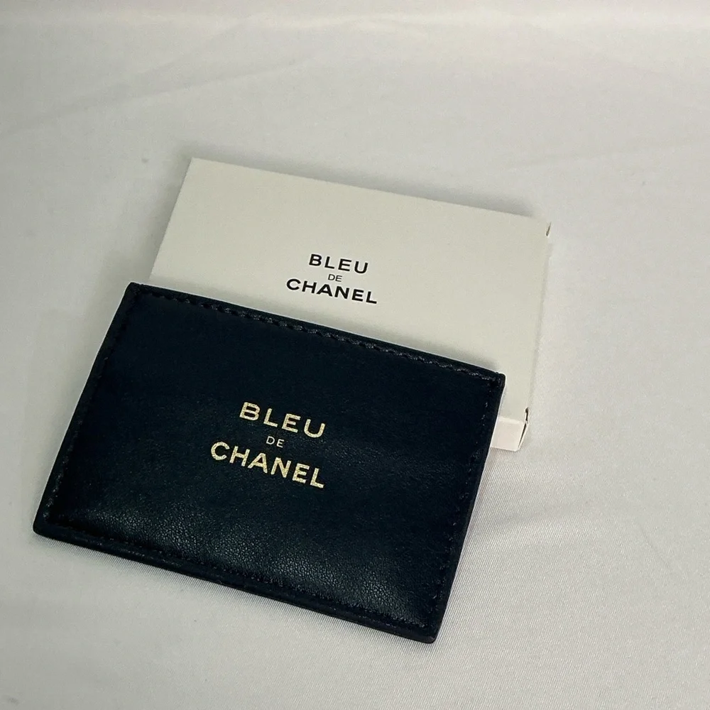 CHANEL Dark Blue Credit Card Holder Wallet Gold Logo Limited Edition